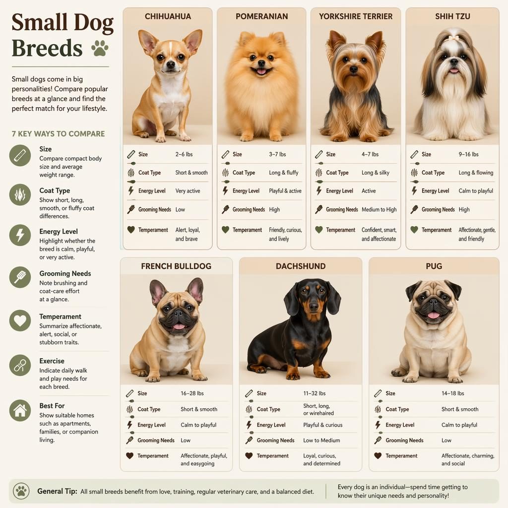 Infográfico editorial com 7 raças de caes pequenos em grade, retratos realistas, cartões comparativos e ícones informativos.