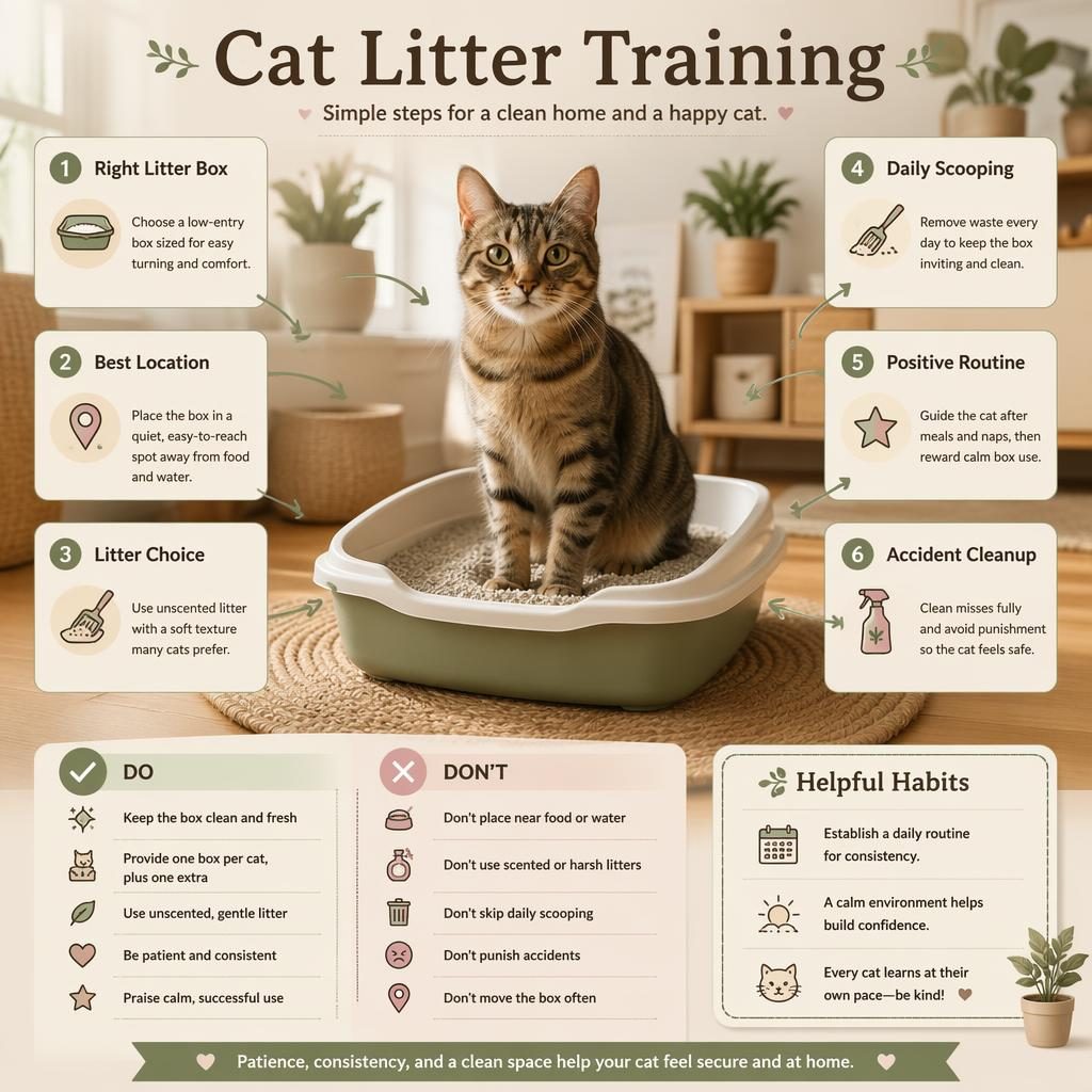 Pet care infographic of a domestic cat at home with 6 litter training callouts, icons, mini comparison blocks, and cozy decor.