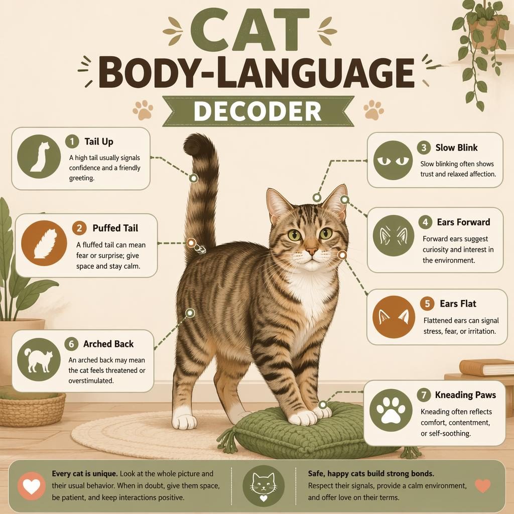 Flat pet care infographic showing a domestic cat portrait with 7 labeled body language callouts, icons, and caption boxes.