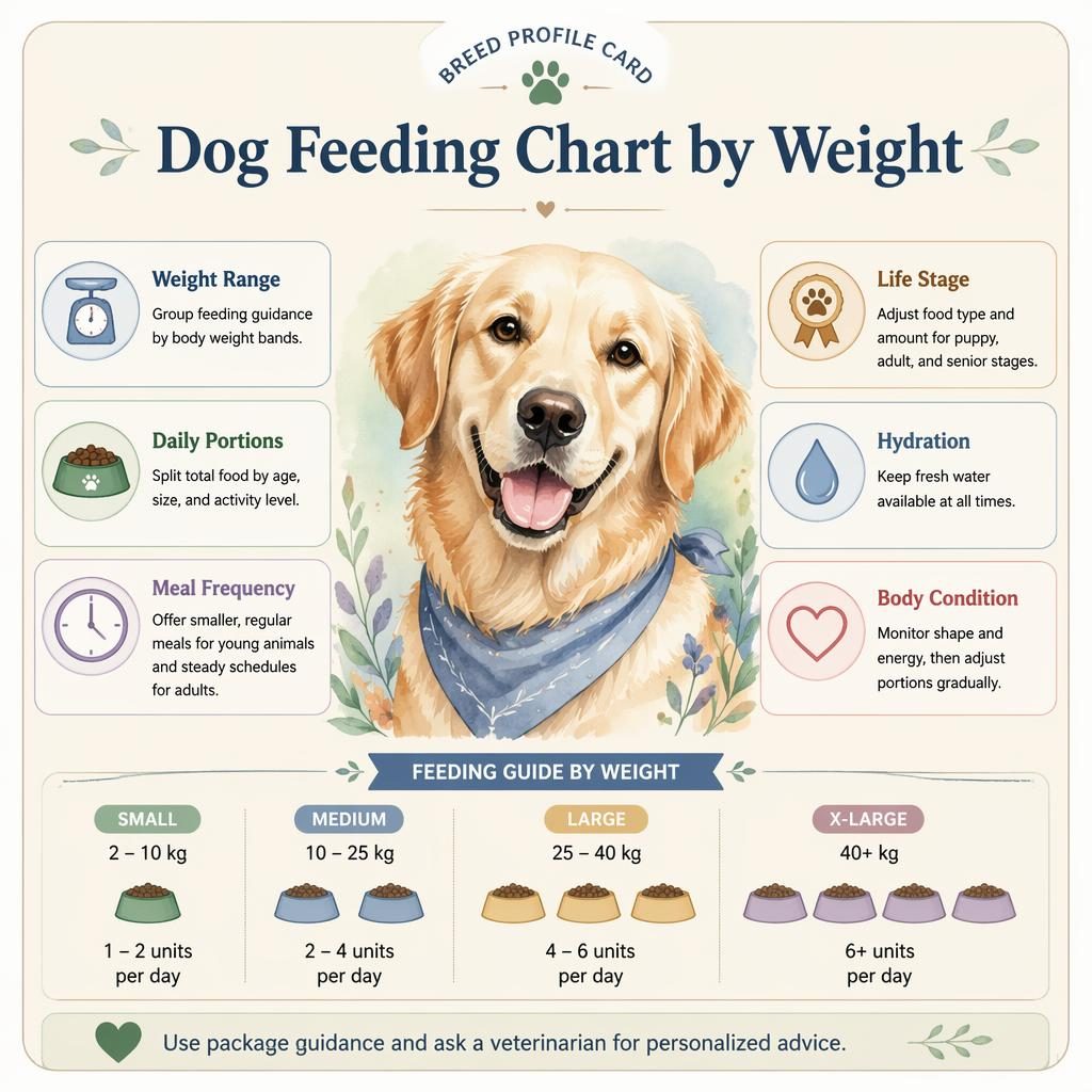 Watercolor pet infographic with a friendly bird portrait, six feeding callouts, and a compact weight-to-portion panel.