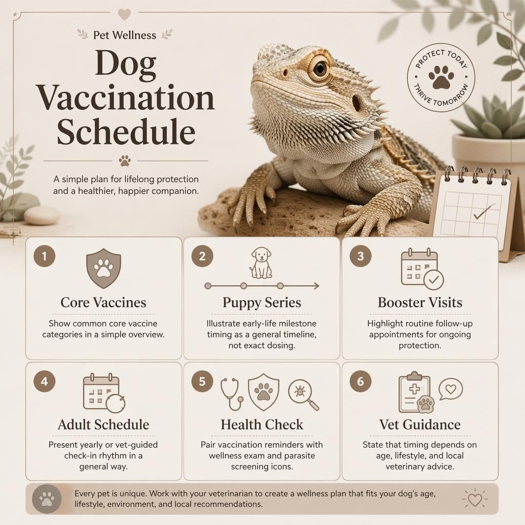 Monochrome pet wellness infographic with a friendly reptile portrait and 6 labeled vaccine schedule callouts with gentle icons.