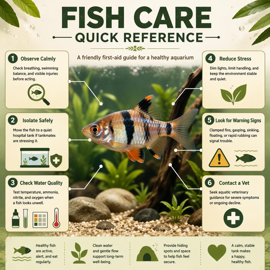 Infografika péče o akvarijní rybu s hlavním portrétem ryby, 6 ikonickými popisky a přírodní scénou akvária.