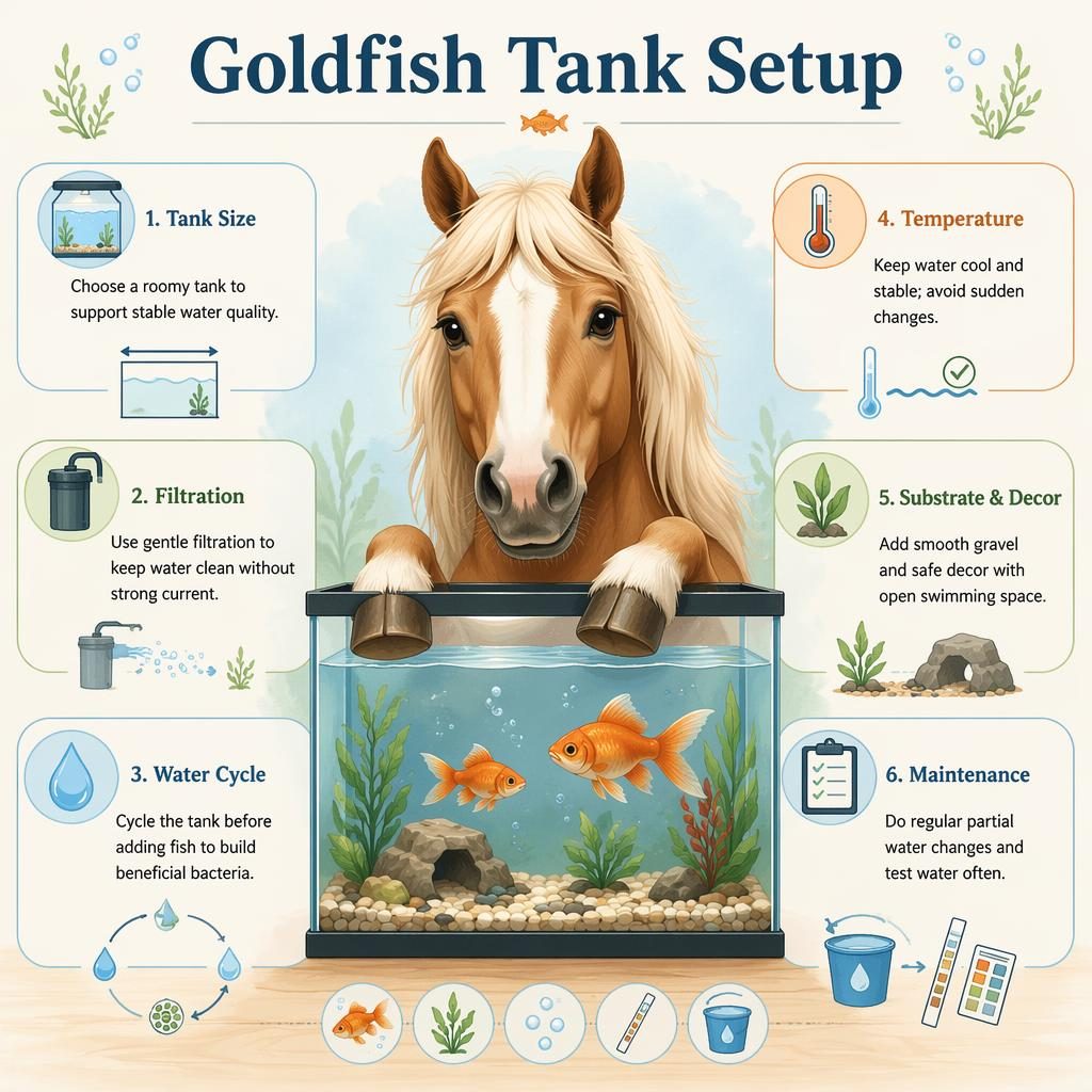 Pet care infographic with a friendly horse portrait and 6 goldfish tank setup callouts in a soft pastel editorial style.