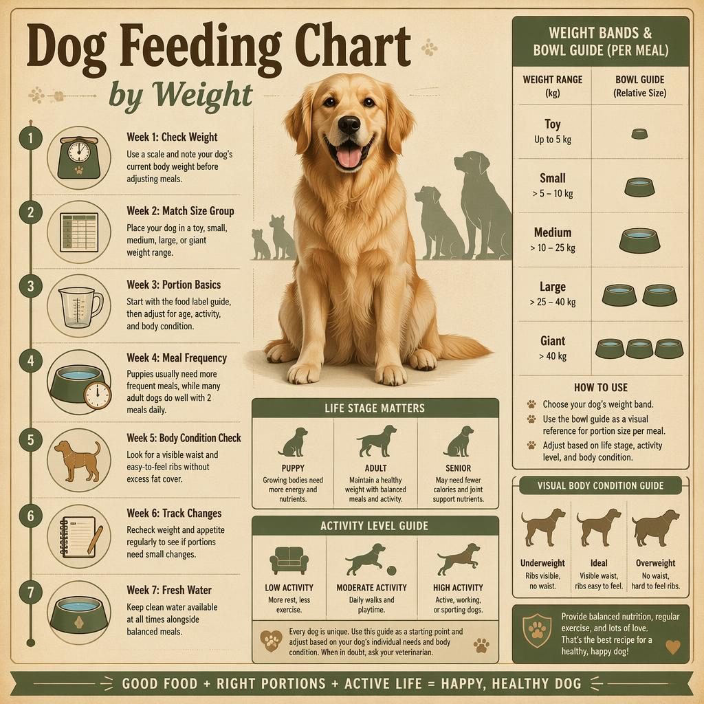 Vintage-style dog feeding infographic with a central friendly dog, 7 weekly callouts, icons, and size-group silhouettes.