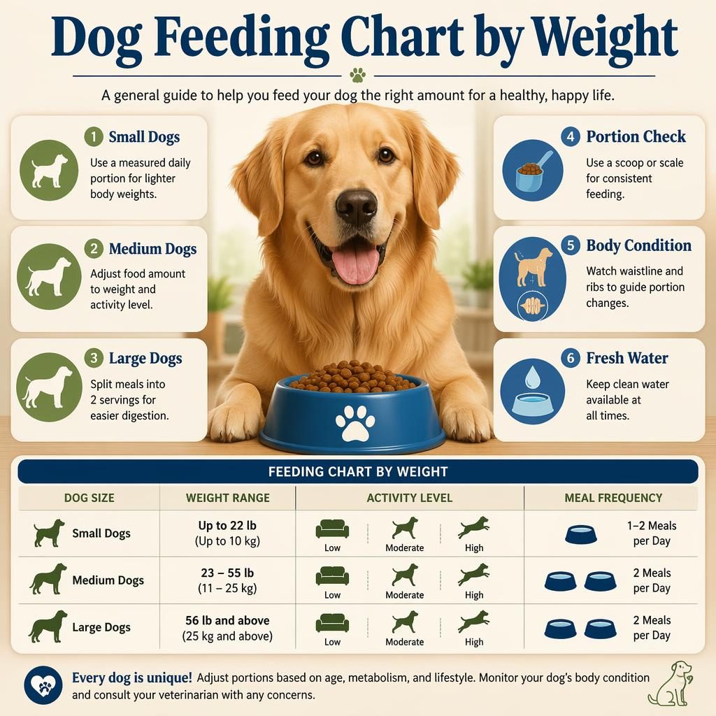 Pet care infographic with a friendly aquarium fish hero, six dog feeding callouts, weight ranges, bowls, scoop, scale, and water icons.