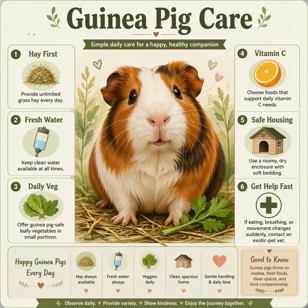 Editorial-style guinea pig care infographic with a hero guinea pig portrait and 6 labeled care callouts with icons.