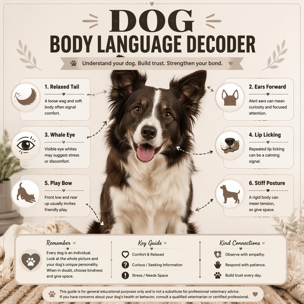 Monochrome pet care infographic with a centered dog portrait and 6 labeled body language callouts with icons and tips.