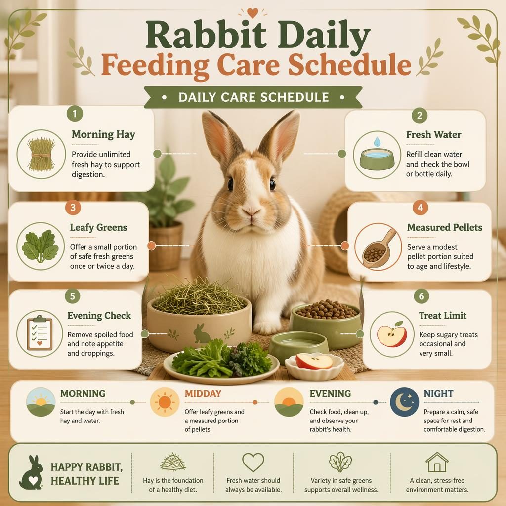 Pet care infographic with a centered rabbit, 6 feeding callouts, icons, and day-to-night schedule markers in warm tones.