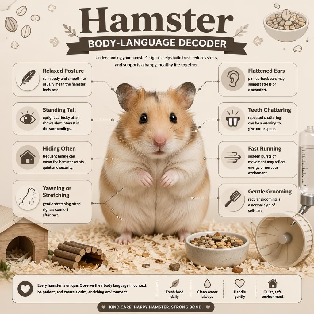 Monochrome hamster body-language decoder infographic with central hamster, 8 labeled callouts, and subtle habitat icons.