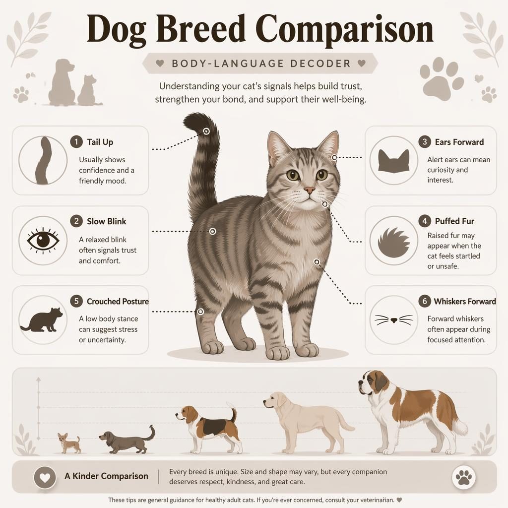 Minimal flat pet infographic showing a cat portrait with 6 labeled body-language callouts and subtle Saint Bernard comparison cues.