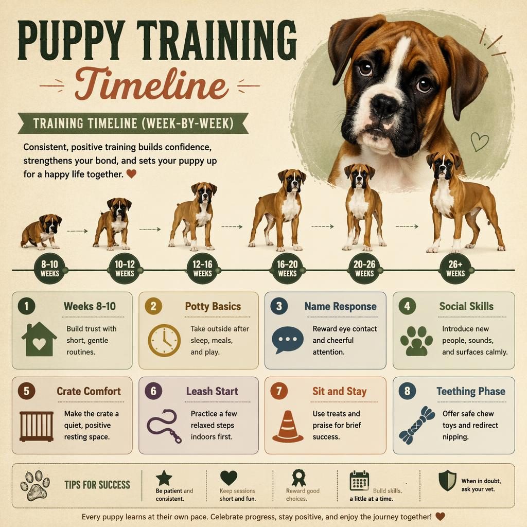 Vintage-style pet care infographic with a boxer puppy portrait, growth silhouettes, and week-by-week training callouts.