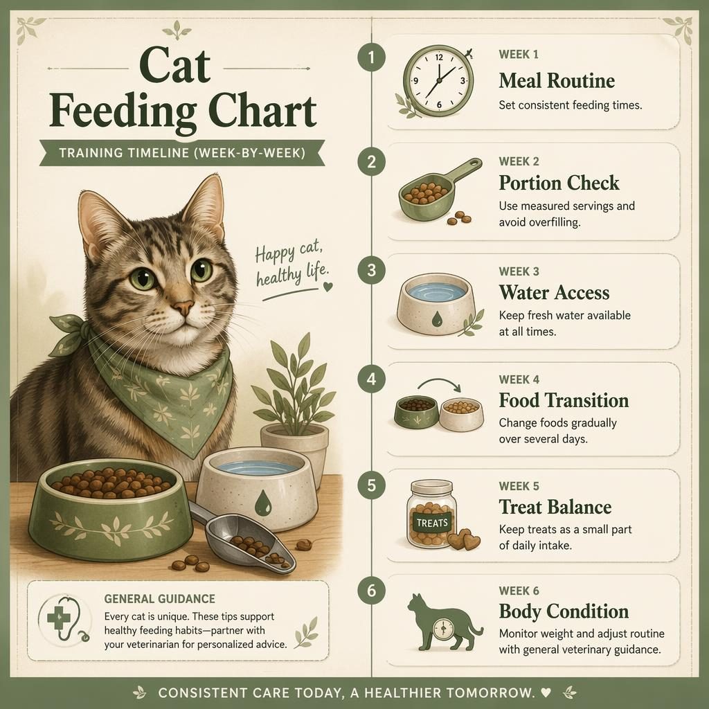 Pet care infographic in sage and cream with a horse portrait and 6 weekly cat feeding chart panels with icons and tips.