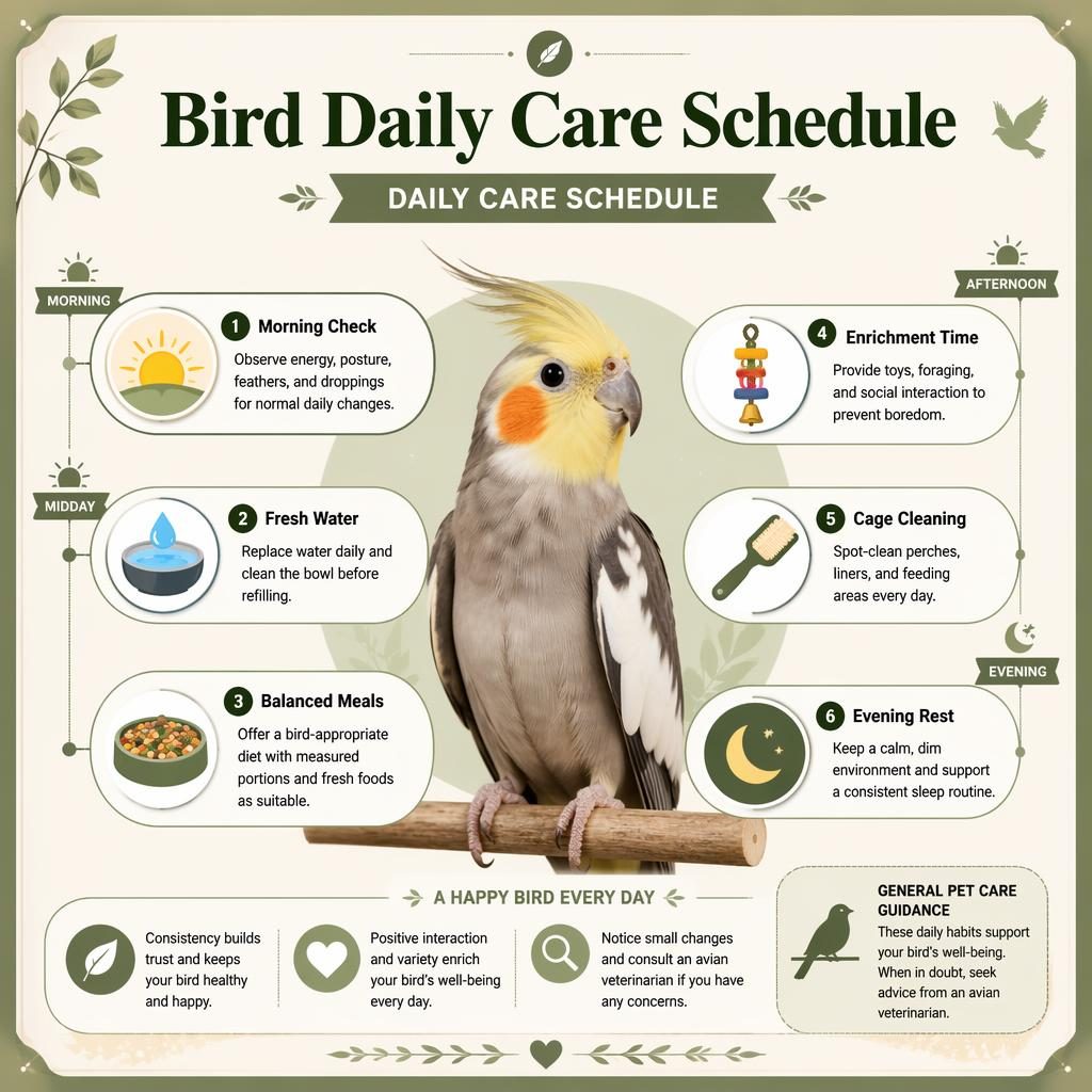 Editorial bird daily care schedule infographic with centered pet bird, 6 care callouts, icons, and morning-to-evening markers.