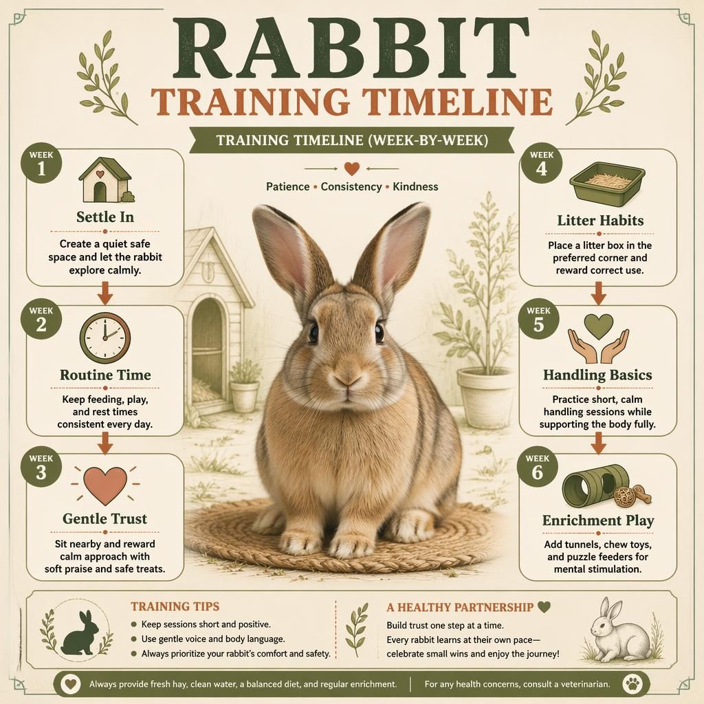 Vintage infografika s králíkem uprostřed, 6 týdenních kroků tréninku, ikonami a tlumenou zemitou paletou.