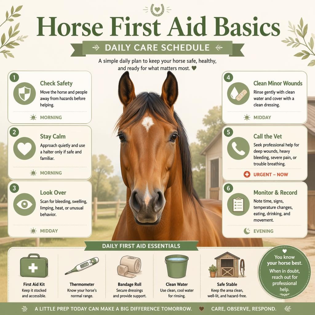 Editorial infographic with a calm horse portrait and 6 first aid checklist callouts, sage and cream palette, icons, and schedule cues.
