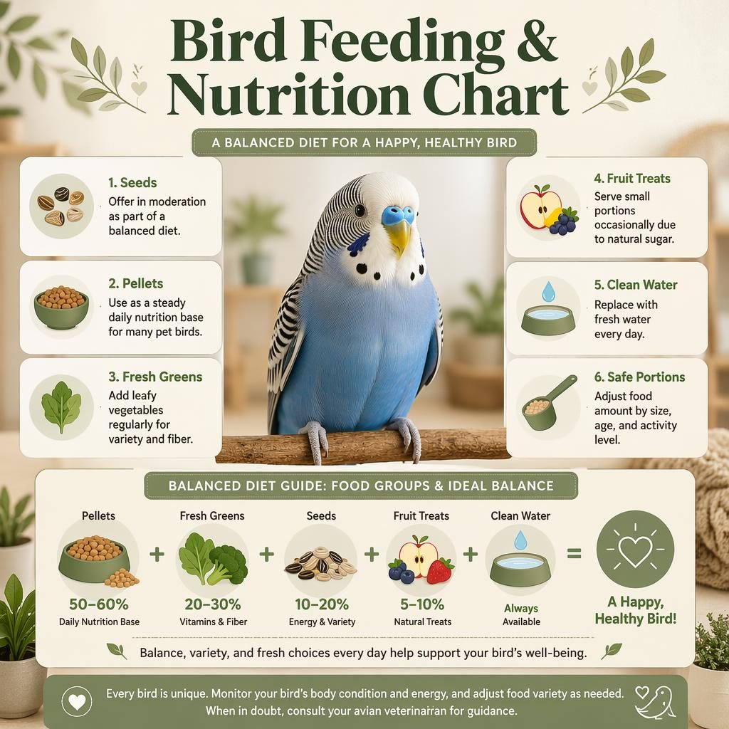 Pet bird feeding infographic with 6 nutrition callouts, comparison chart, sage and cream palette, and cozy editorial design.