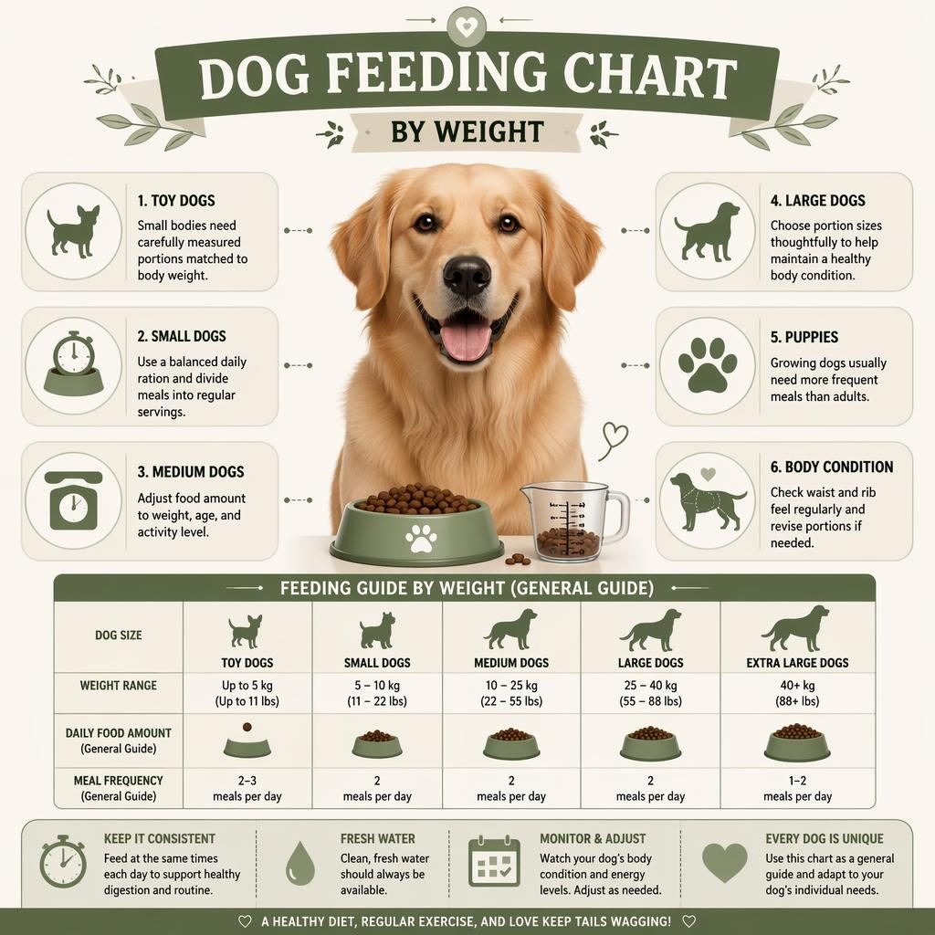 Minimal pet care infographic with a centered dog, six feeding callouts, icons, and a weight-based chart in sage and cream.
