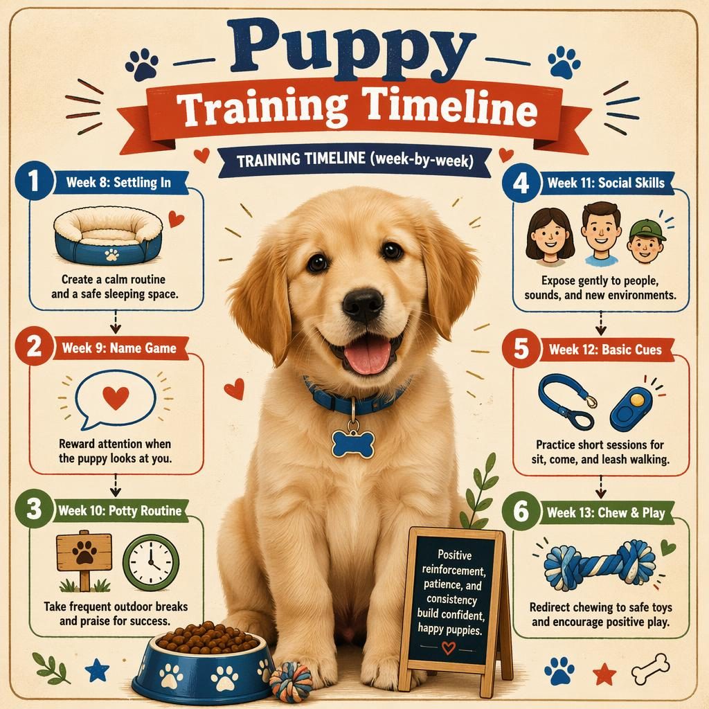Vintage-style puppy training timeline infographic with a central puppy portrait, 6 weekly callouts, icons, arrows, and kibble bowl.