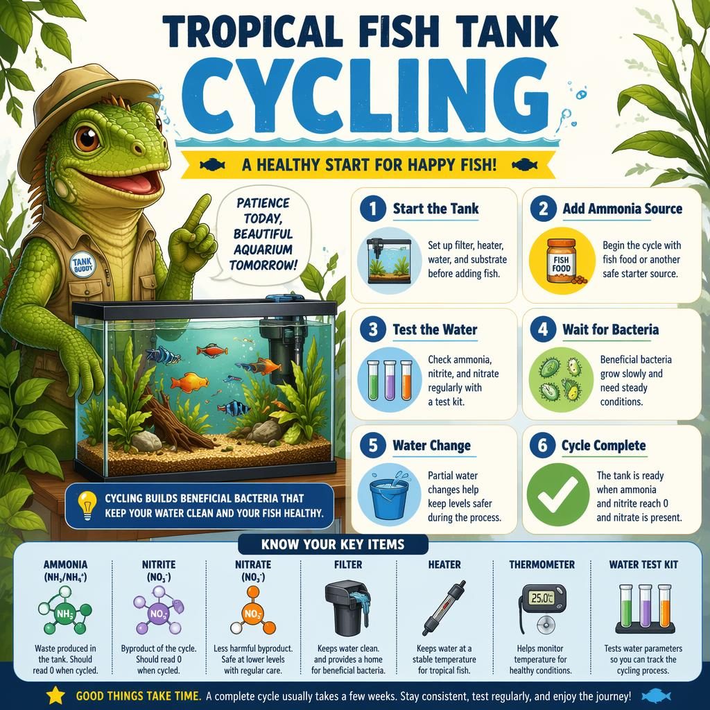 Pet care infographic layout on tropical fish tank cycling with reptile mascot, 6 callouts, and aquarium setup icons.