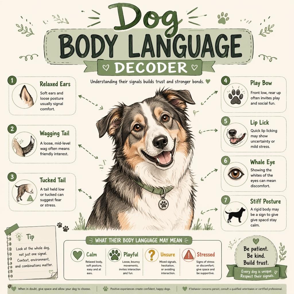 Pet care infographic titled "Dog Body Language Decoder". BODY-LANGUAGE DECODER archetype. Hero portrait of a friendly do