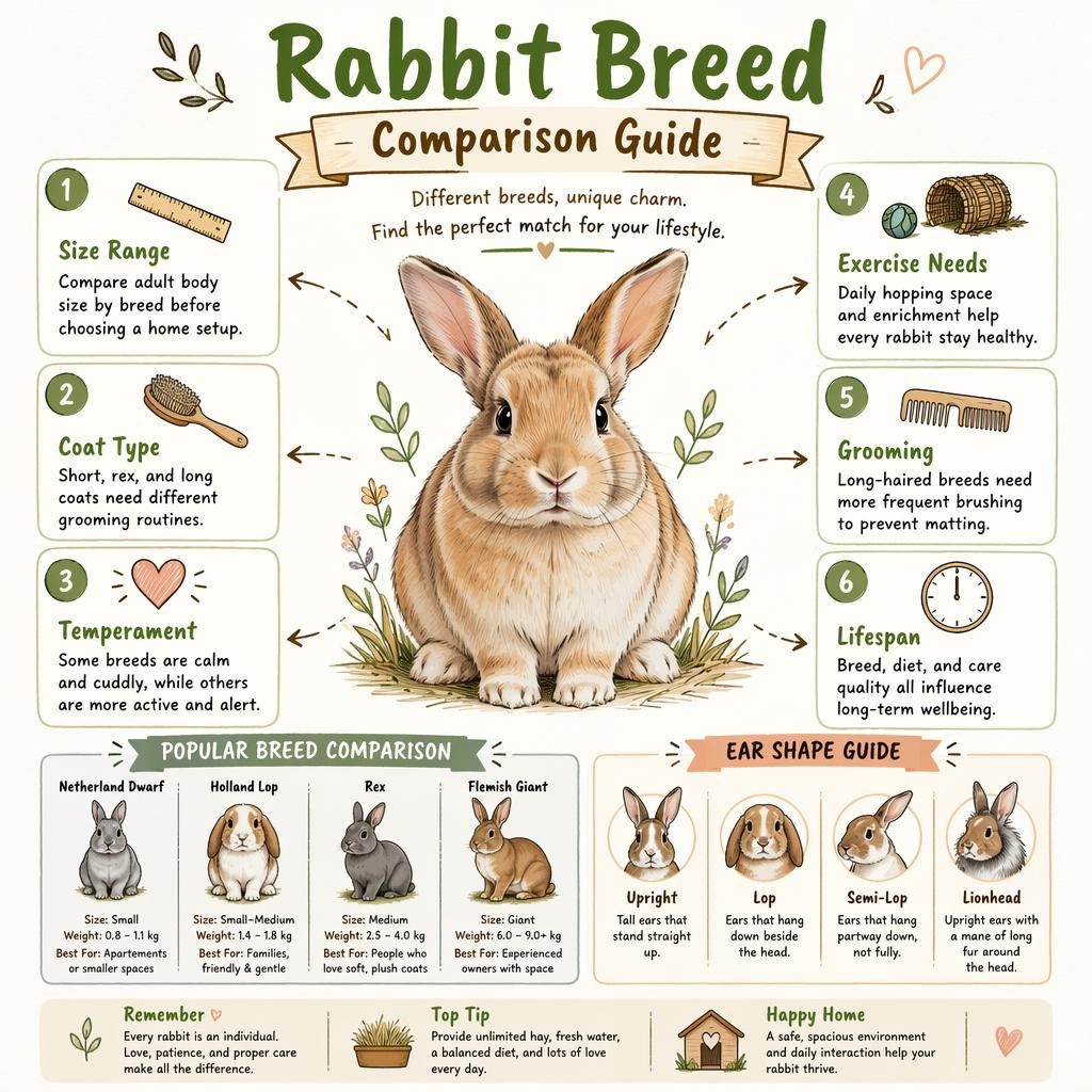 Sketchnote-style rabbit breed comparison infographic with a centered rabbit, 6 labeled care callouts, and small panels.