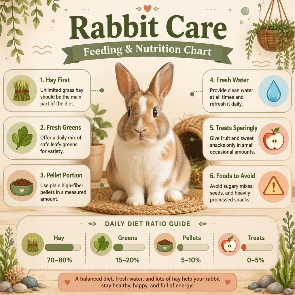 Editorial rabbit feeding infographic with 6 nutrition callouts, icons, ratio bars, and warm cozy beige sage tones.