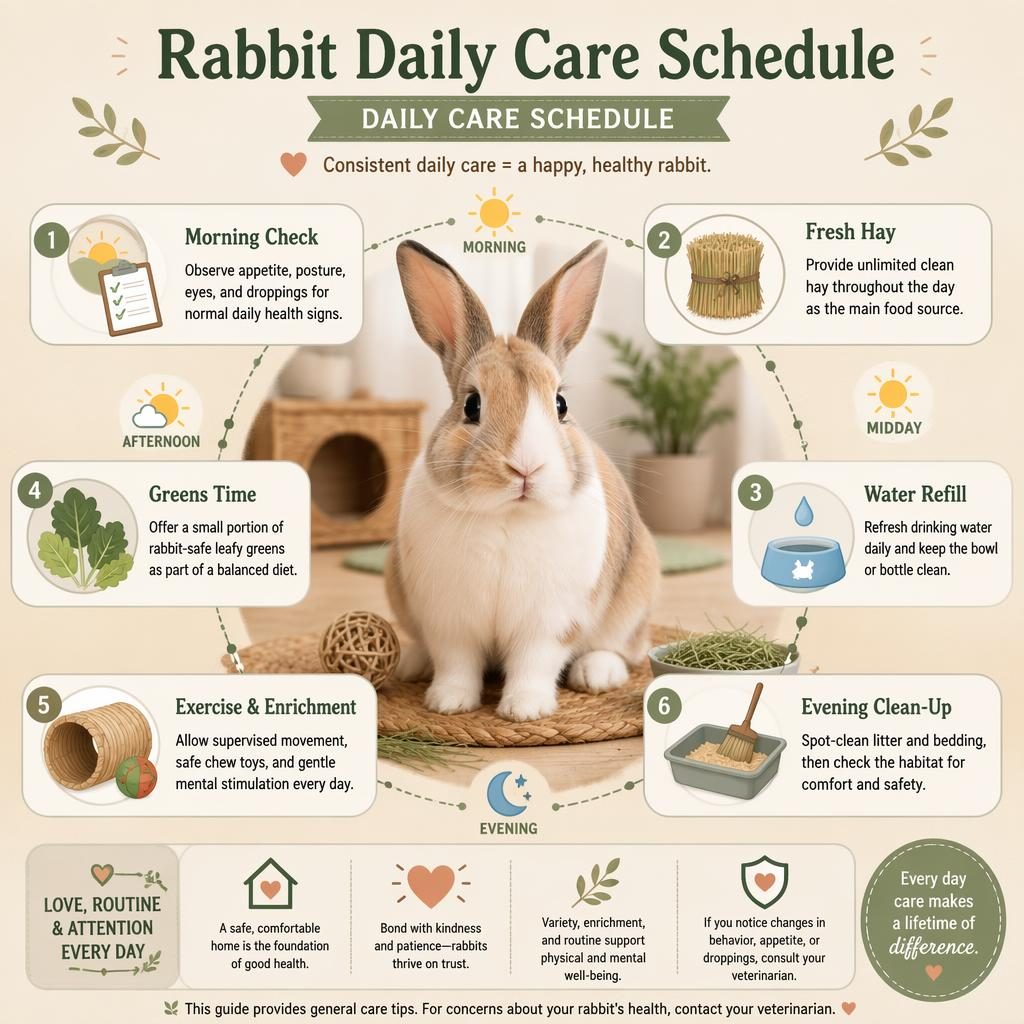 Editorial pet care infographic with a central rabbit, 6 daily care callouts, icons, and morning-to-evening schedule markers.