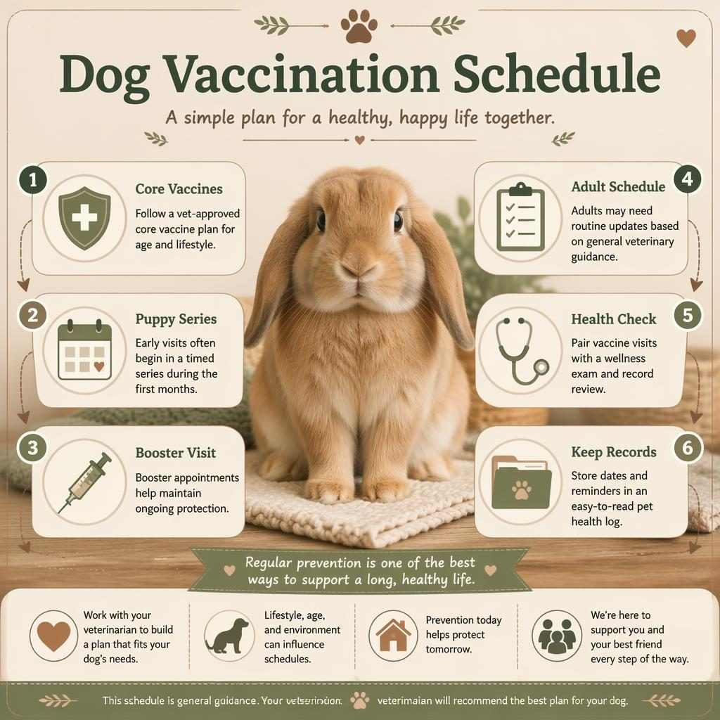 Pet care infographic with a centered rabbit portrait and six chart callouts on dog vaccination schedule in warm neutral tones.