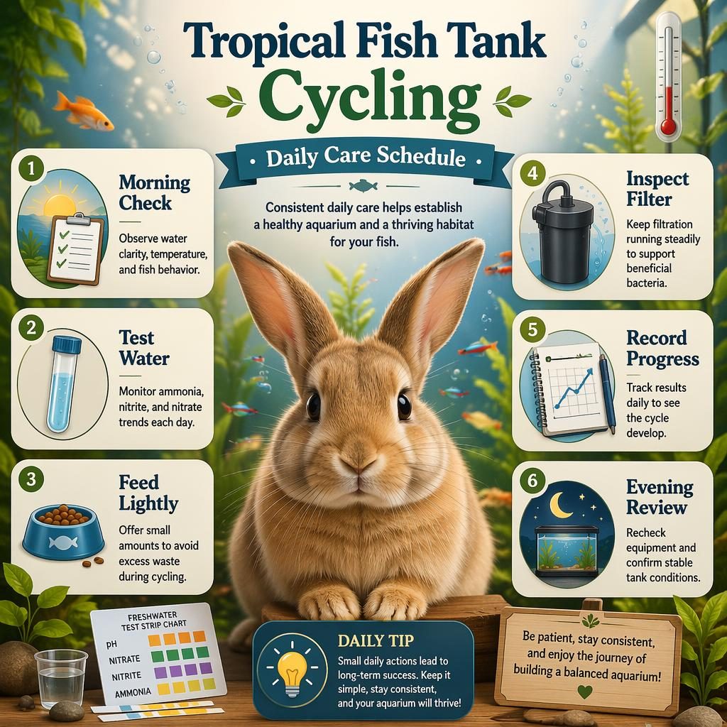 Pet care infographic with a rabbit portrait and 6 daily care callouts, aquarium icons, plants, bubbles, thermometer, and test strips.