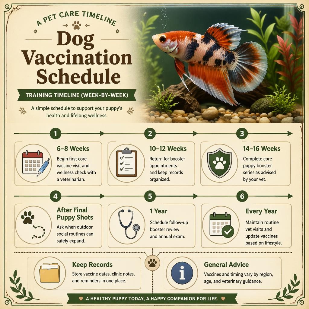 Pet care infographic with a decorative fish portrait, week-by-week vaccination timeline, 8 labeled callouts, icons, and vintage borders.