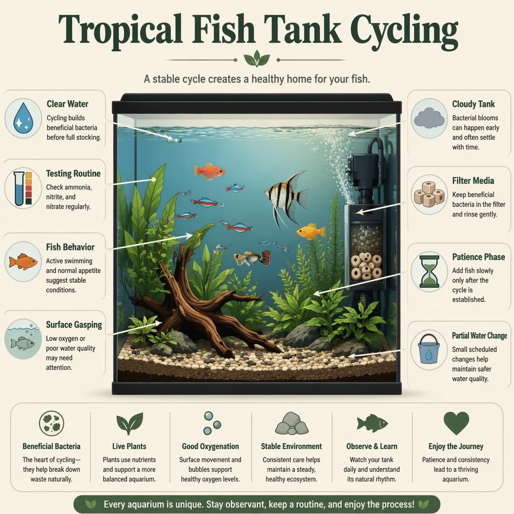 Pet care infographic of a tropical freshwater aquarium with fish, filter, bubbles, substrate, and 8 tank-cycling callouts.