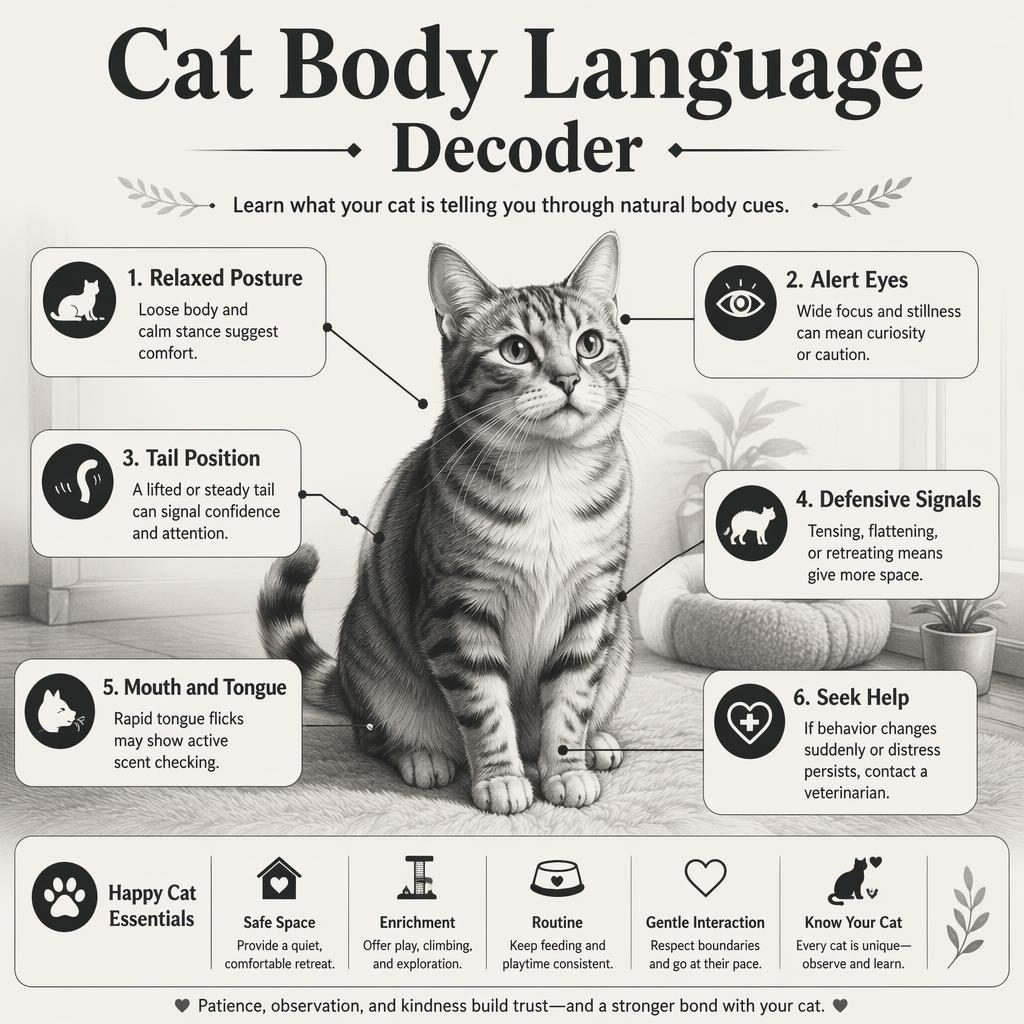 Monochrome pet care infographic with a friendly reptile portrait, 6 labeled body language callouts, icons, arrows, and footer.