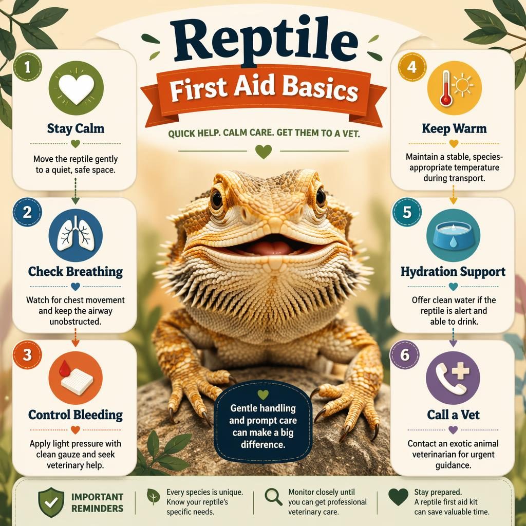 Editorial pet care infographic with a friendly reptile portrait and 6 first aid callout panels, icons, arrows, and warm chart layout.