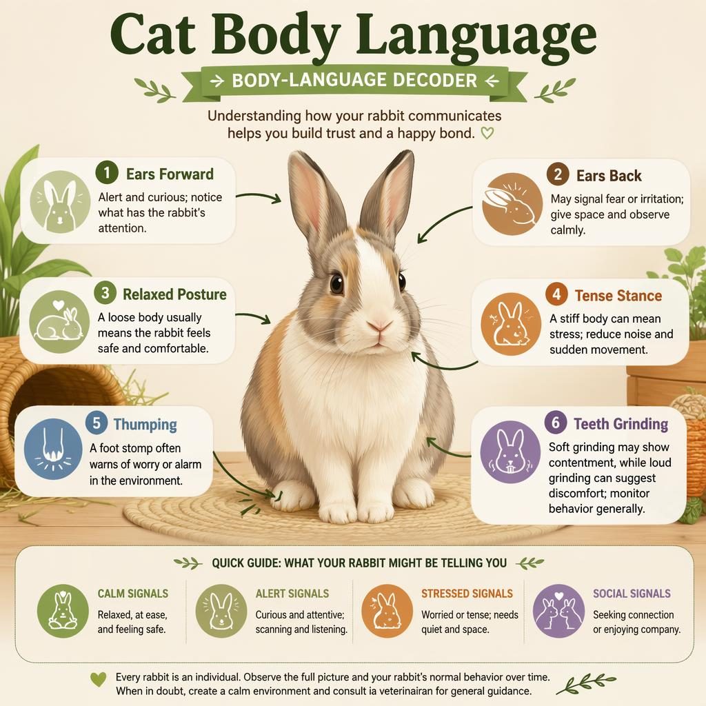 Minimal flat infographic showing a centered rabbit with 6 labeled body language callouts, arrows, and a small icon legend.