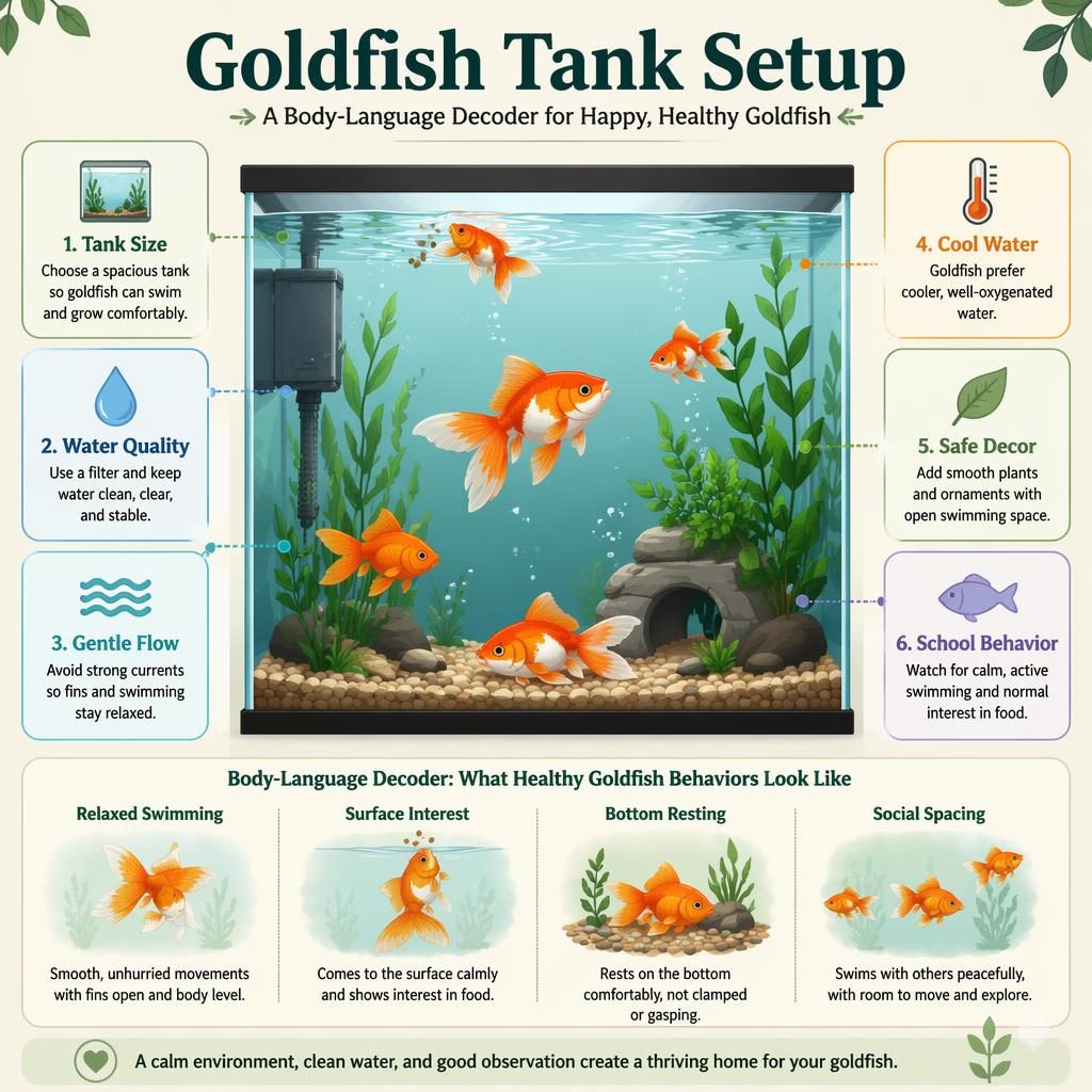 Flat pet care infographic showing a goldfish in a planted aquarium with 6 labeled setup callouts and wellness cues.