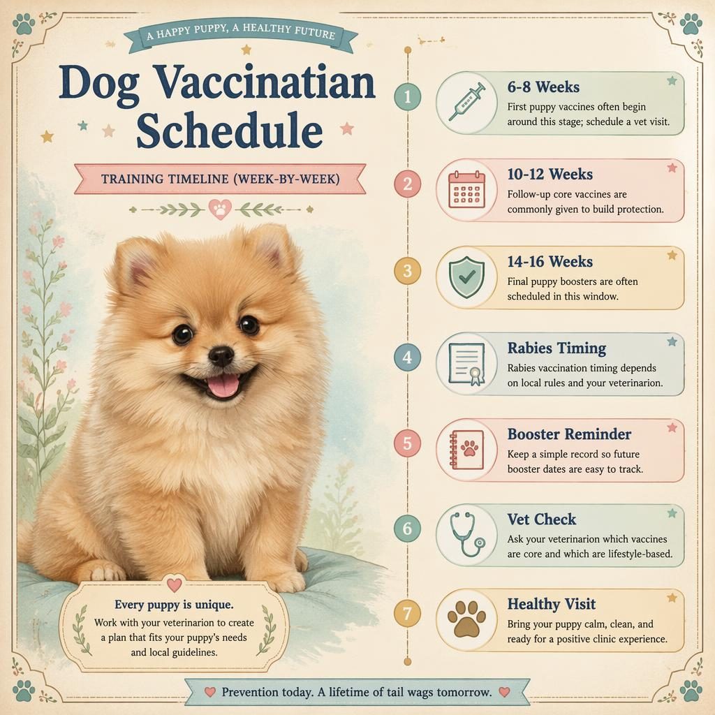 Vintage-style dog vaccination infographic with a fluffy Pomeranian puppy, pastel timeline, and labeled vaccine callouts.