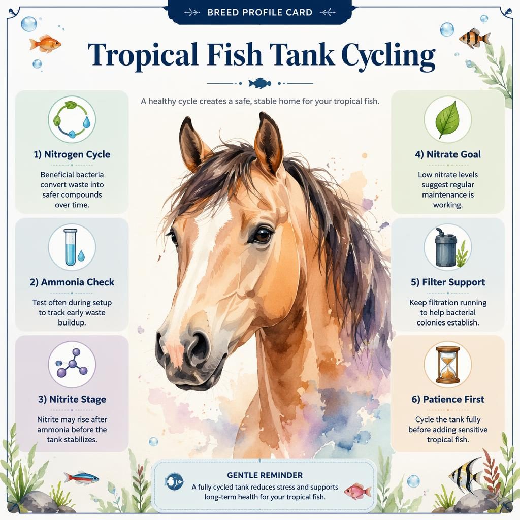 Pet care infographic card with a watercolor horse portrait and 6 aquarium-themed callouts about tropical fish tank cycling.