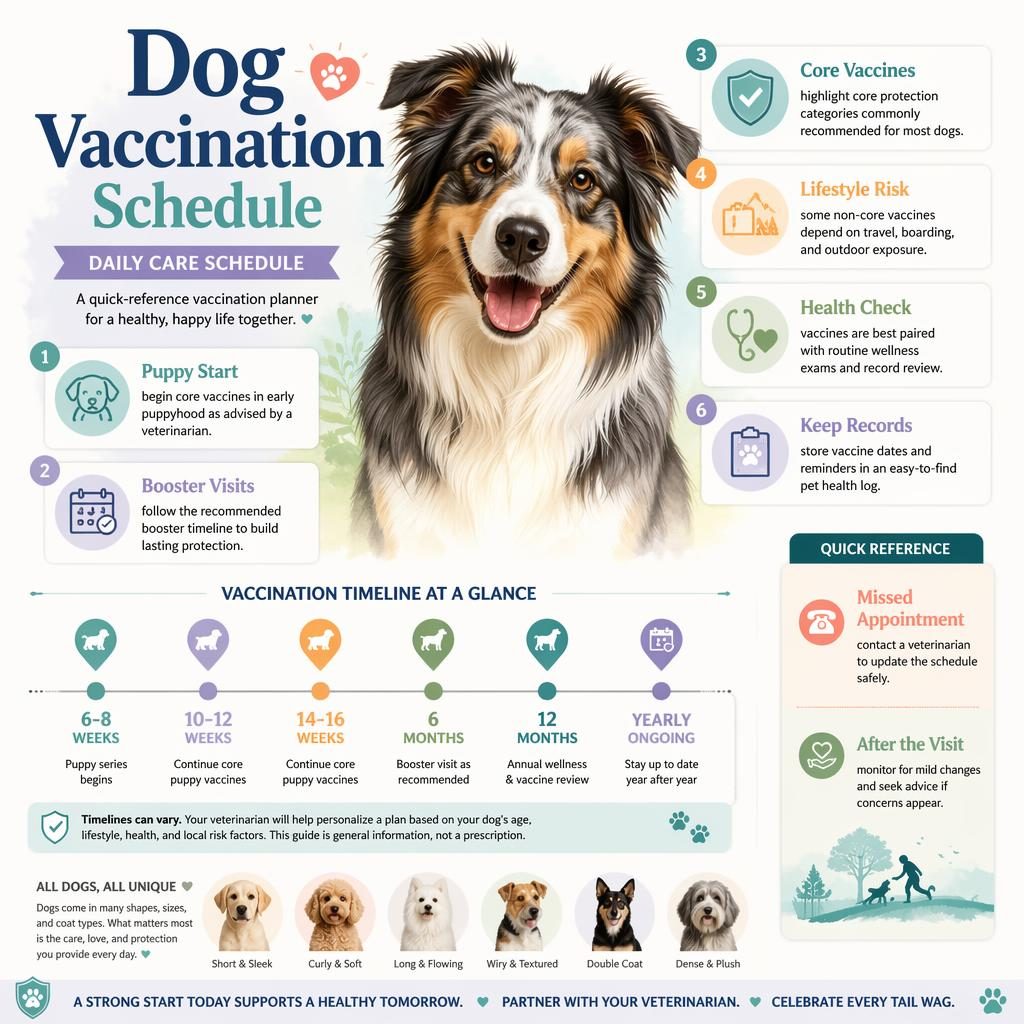 Pet care infographic with friendly dog portrait, 6 vaccine callouts, age timeline, reminder markers, and side info boxes.