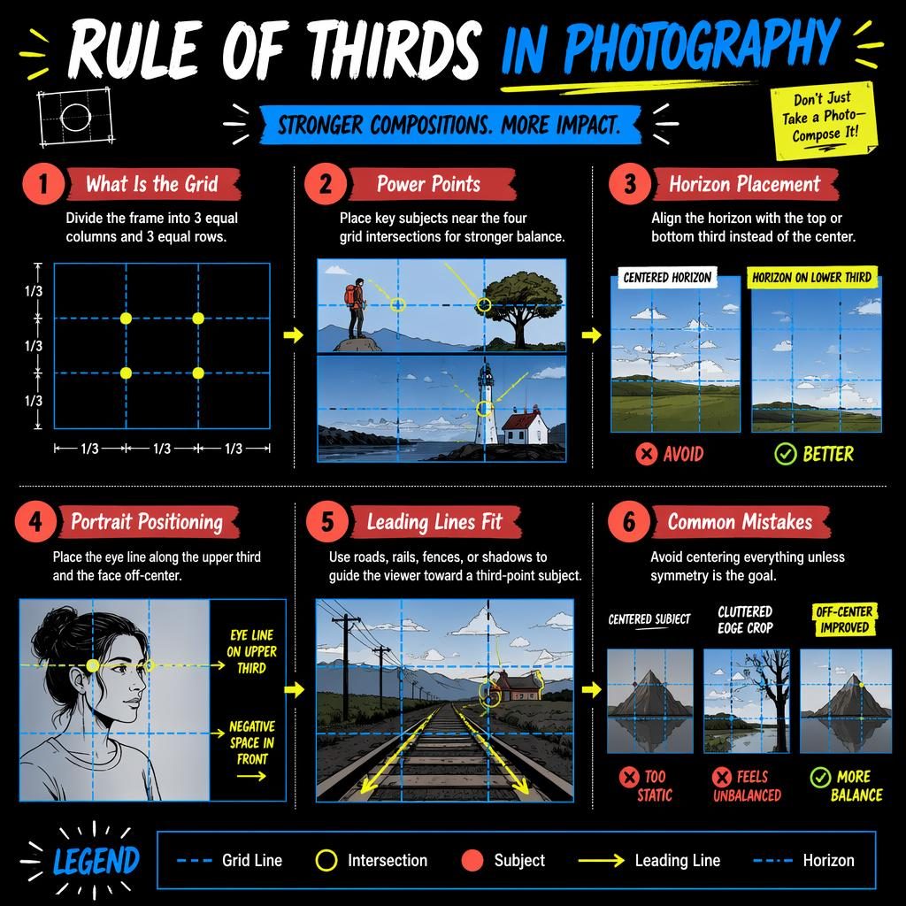 Landscape infographic poster showing rule of thirds grid, power points, horizon placement, portraits, leading lines, mistakes.