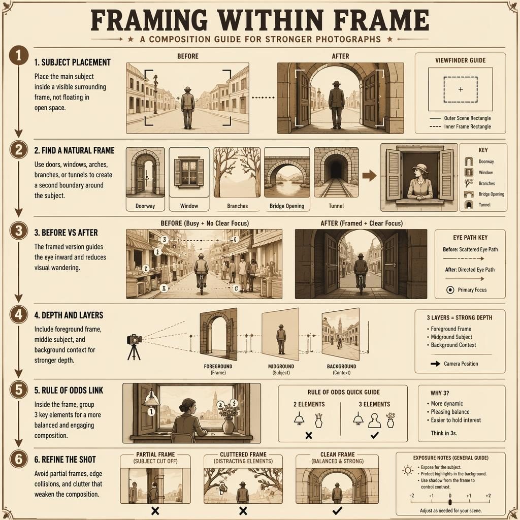 Sepia portrait infographic poster with 6 numbered before-and-after panels on framing within frame and rule of odds in photography.