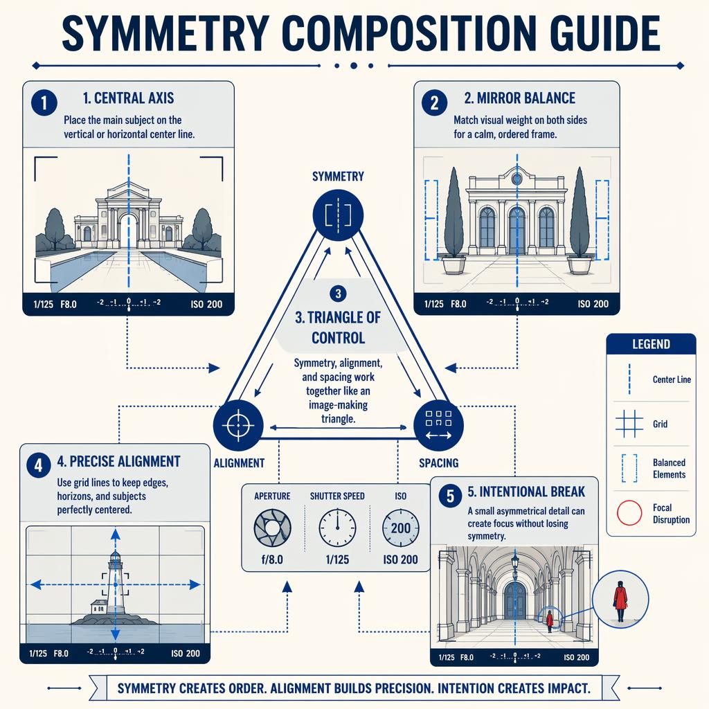 Portrétní infografický poster o symetrické kompozici s trojúhelníkem, 5 očíslovanými bloky, šipkami a boční legendou.