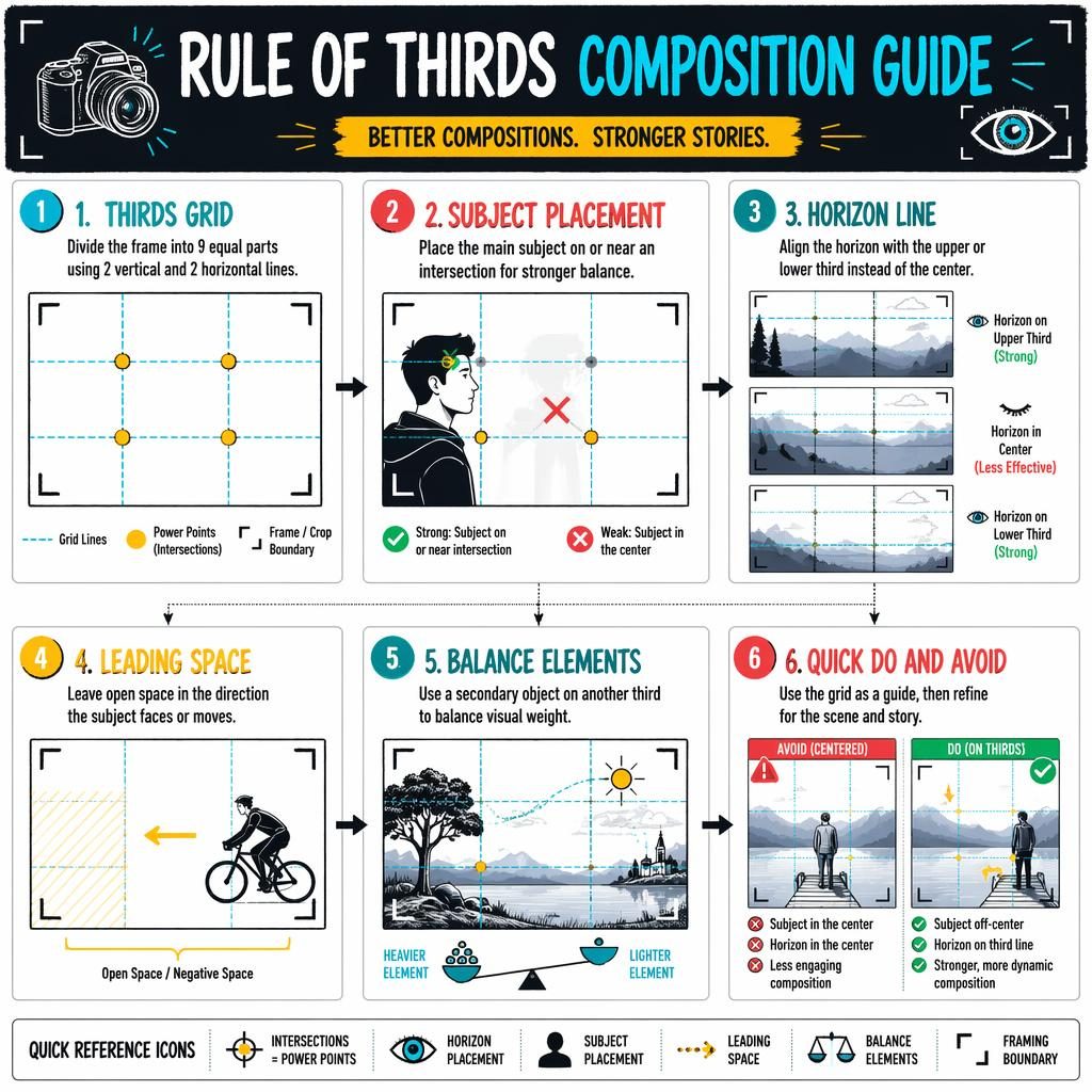 Landscape infographic poster on rule of thirds with 6 numbered DSLR cheat-sheet panels, grids, arrows, icons, and labels.