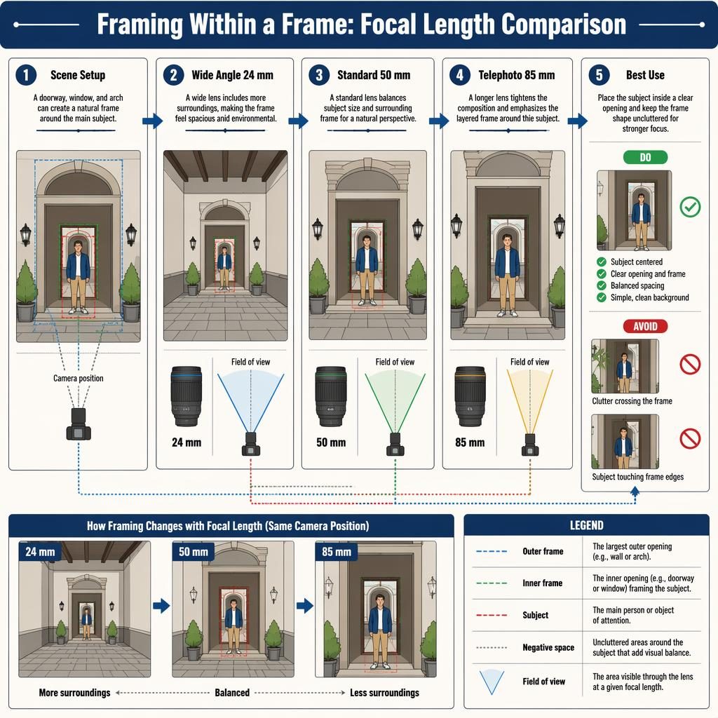 Landscape infographic with 5 panels comparing 24 mm, 50 mm, and 85 mm framing within a frame using doorway scenes.