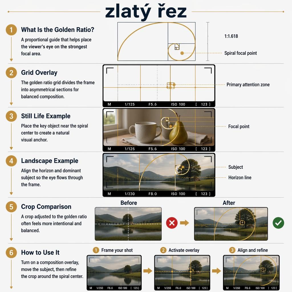 Portrétní infografický plakát o zlatém řezu ve fotografii s mřížkou, spirálou, zátiším, krajinou a srovnáním ořezu.