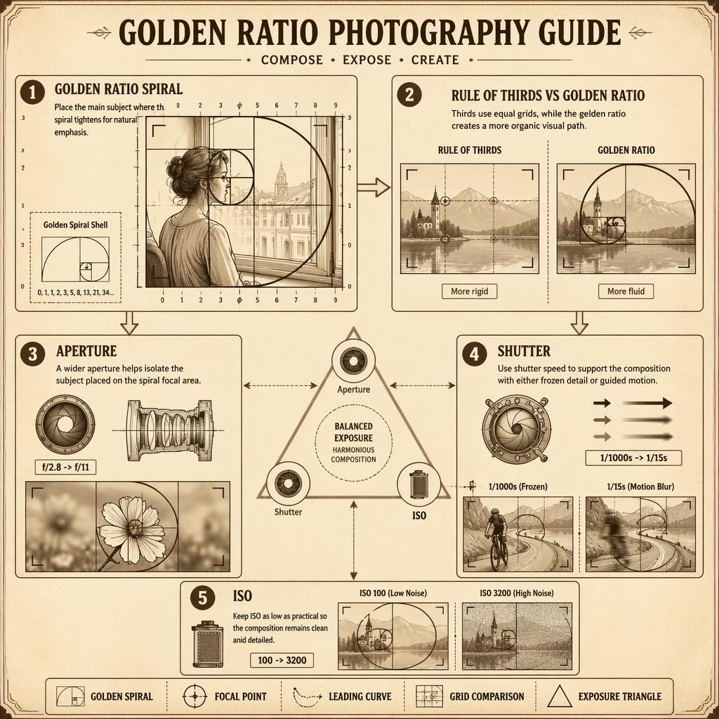 Portrétní infografický plakát ve stylu vintage manuálu ukazuje zlatou spirálu, pravidlo tretin a expoziční trojúhelník.