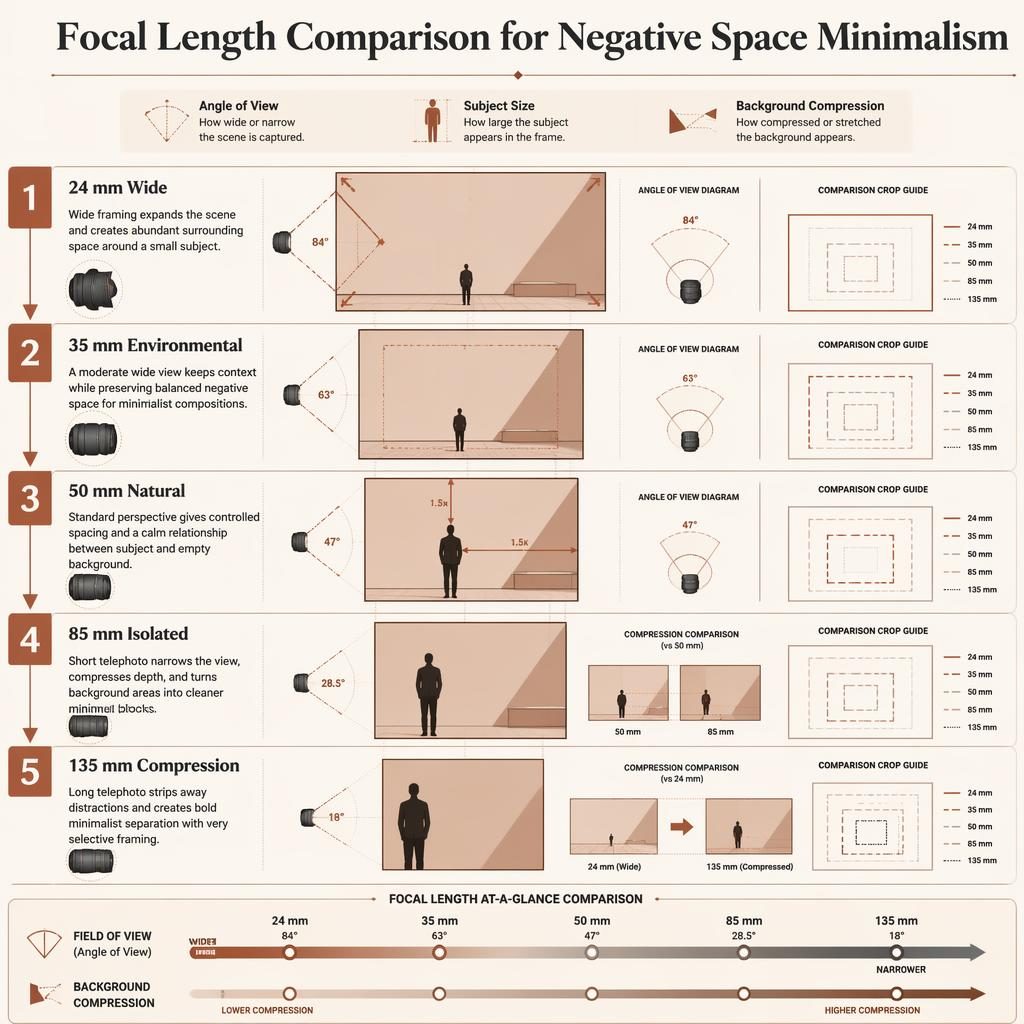 Editorial infographic poster comparing 24, 35, 50, 85 and 135 mm focal lengths for negative space minimalism.