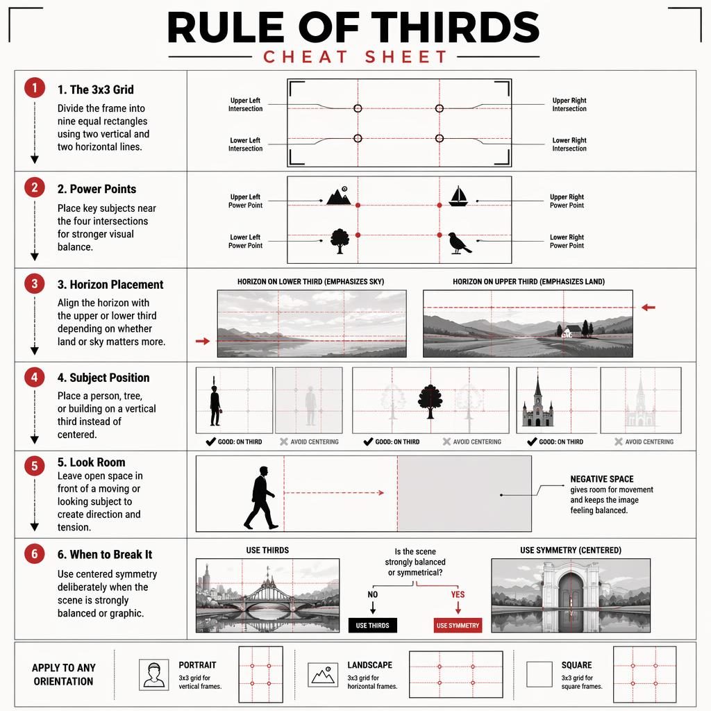 Portrait editorial infographic showing 6 rule-of-thirds diagrams, arrows, grid overlays, horizon examples, subject placement, and crop icons.