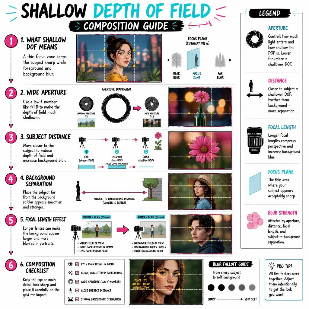 Portrait educational infographic on shallow depth of field with 6 numbered panels, grids, arrows, lens diagrams, and icon legend.