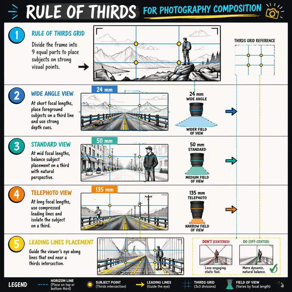 Portrait sketchnote infographic showing rule of thirds grids, 24 mm, 50 mm, 135 mm views, and leading lines placement.