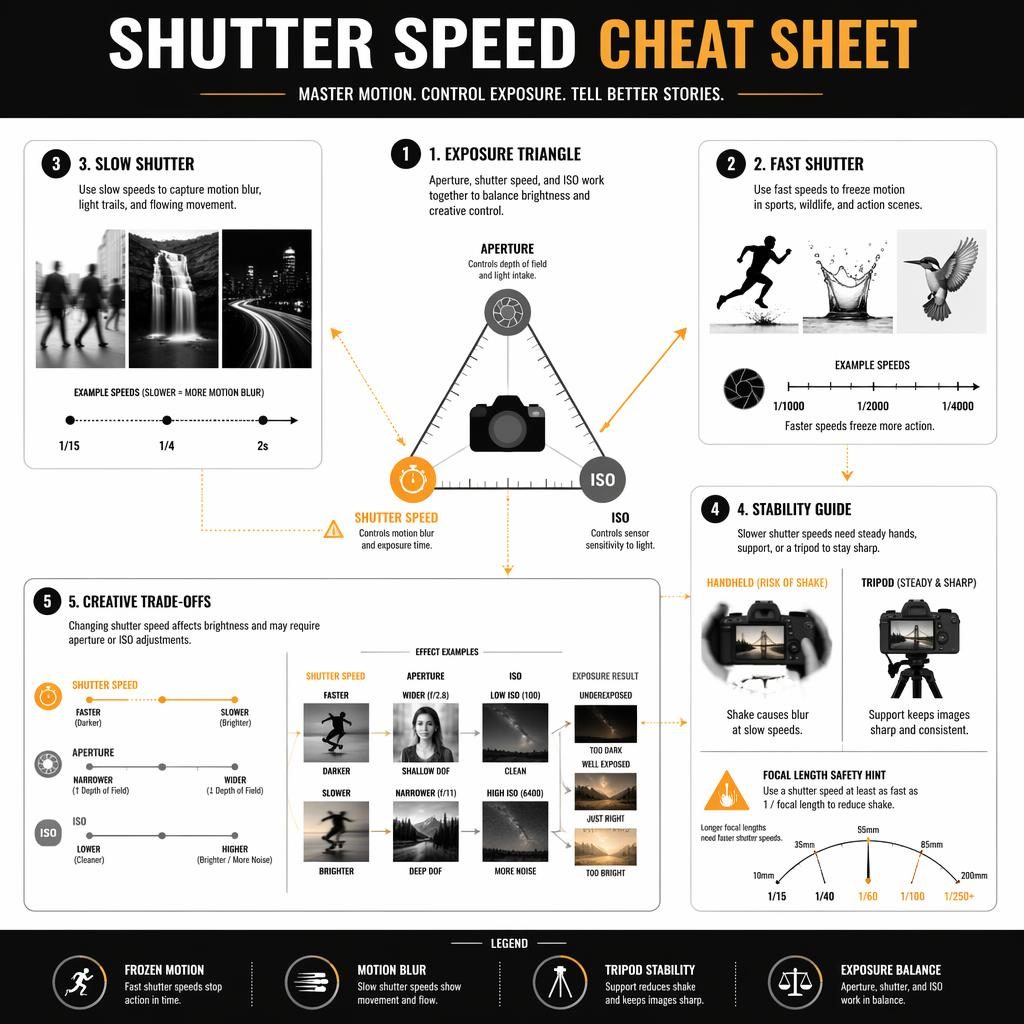 Landscape infographic poster with exposure triangle, fast and slow shutter panels, stability guide, trade-off sliders, and legend.